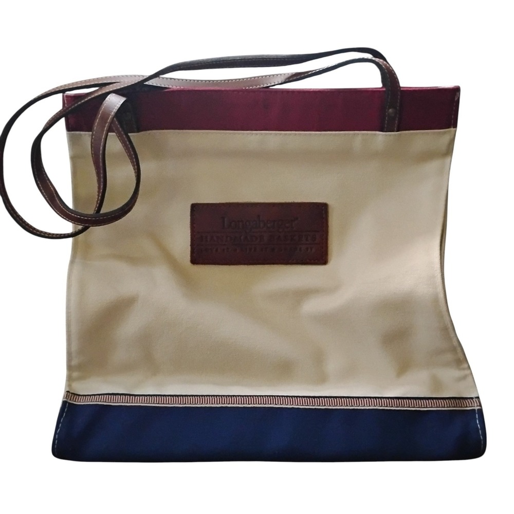 Longaberger Canvas Tote Bag Red White Blue Colorblock Leather Straps Large